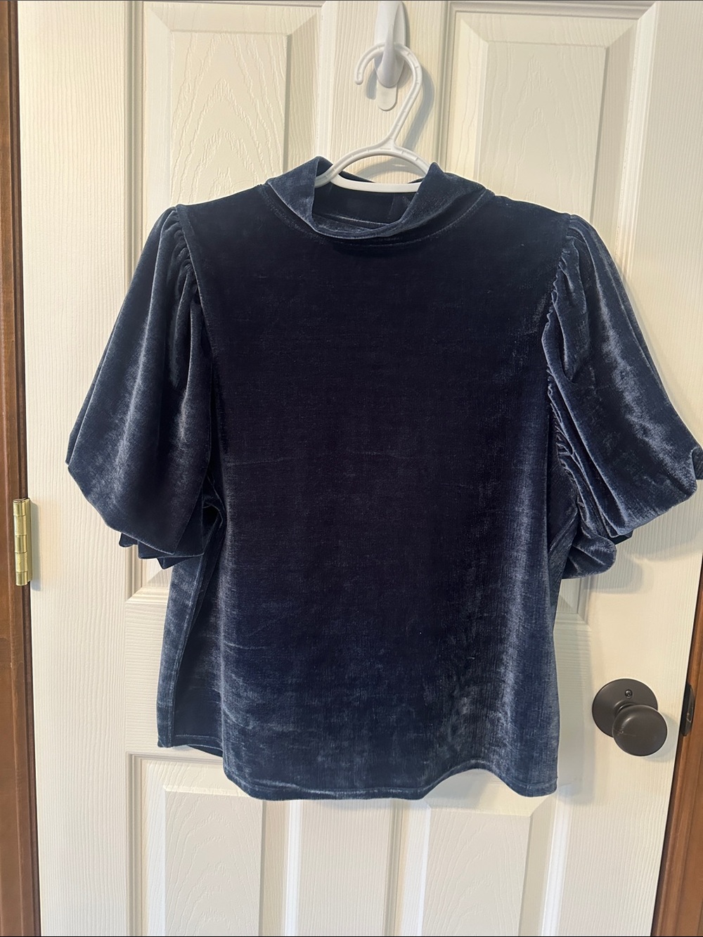 Free People Velvet Puff-Sleeve Top in Navy Blue